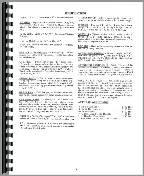 Operators Manual for Allis Chalmers 100 Combine Sample Page From Manual