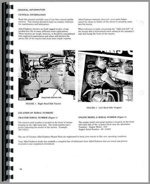 Operators Manual for Allis Chalmers 185 Tractor Sample Page From Manual