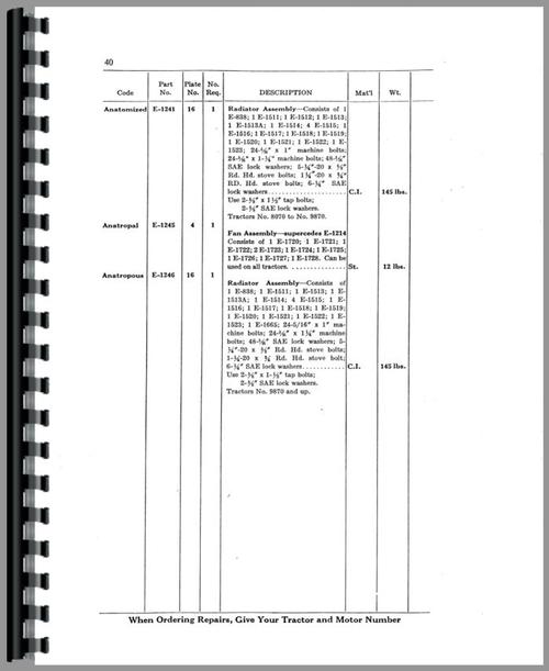 Parts Manual for Allis Chalmers 20-35 Tractor Sample Page From Manual
