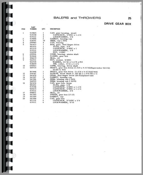 Parts Manual for Allis Chalmers 20 Bale Thrower Sample Page From Manual