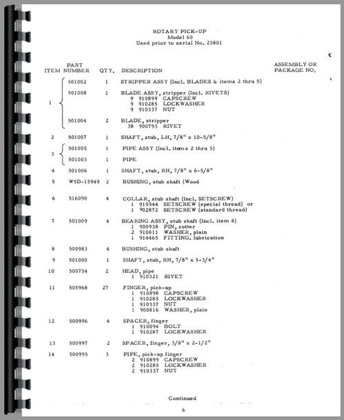 Parts Manual for Allis Chalmers 60 Combine Sample Page From Manual