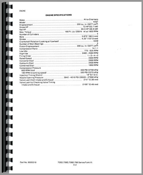 Service Manual for Allis Chalmers 706D Forklift Sample Page From Manual