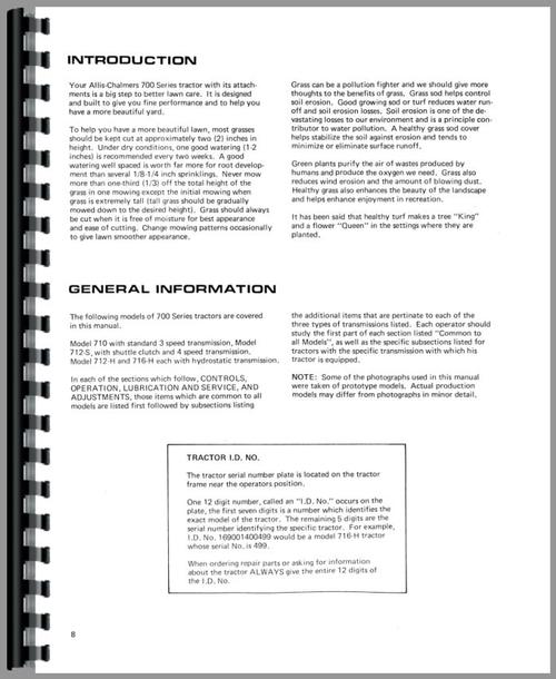 Operators Manual for Allis Chalmers 710 Lawn & Garden Tractor Sample Page From Manual