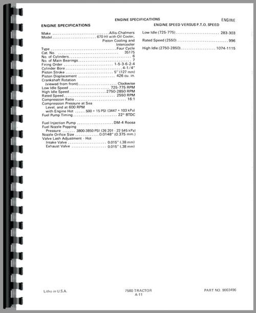 Service Manual for Allis Chalmers 8550 Tractor Sample Page From Manual