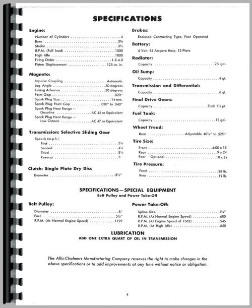 Operators Manual for Allis Chalmers B Tractor Sample Page From Manual