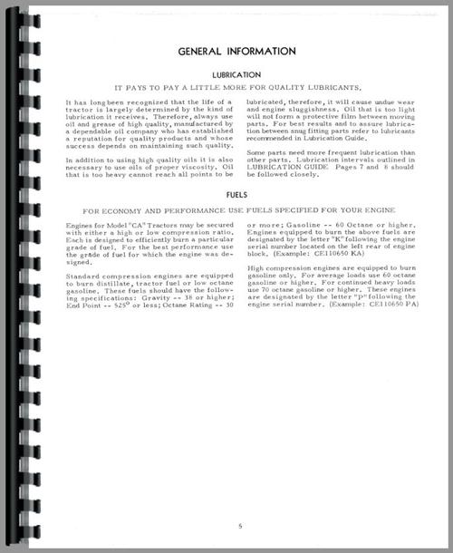 Operators Manual for Allis Chalmers CA Tractor Sample Page From Manual