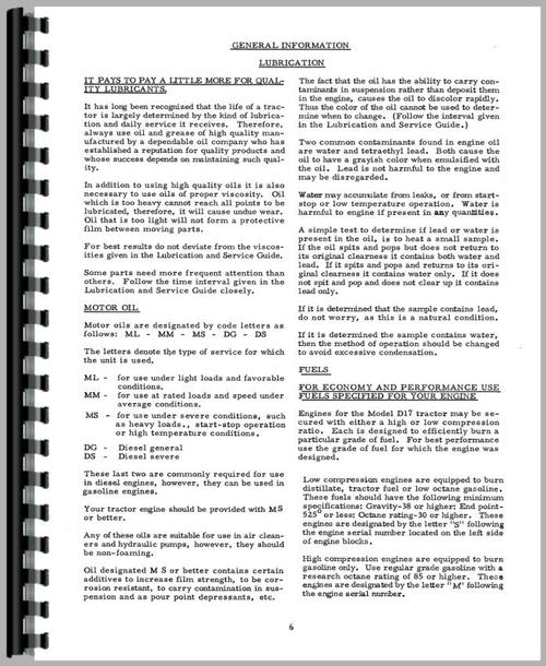 Operators Manual for Allis Chalmers D17 Tractor Sample Page From Manual
