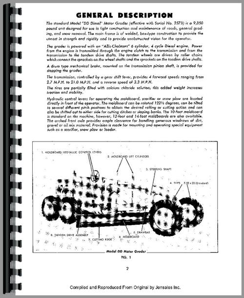 Operators Manual for Allis Chalmers DD Motor Grader Sample Page From Manual