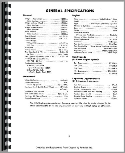 Operators Manual for Allis Chalmers DD Motor Grader Sample Page From Manual