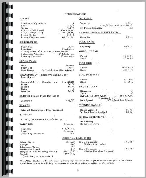 Operators Manual for Allis Chalmers G Tractor Sample Page From Manual