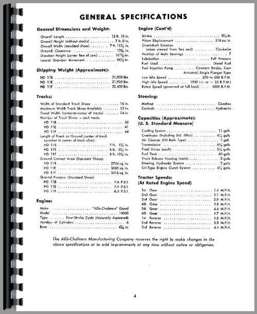 Operators Manual for Allis Chalmers HD11 Crawler Sample Page From Manual