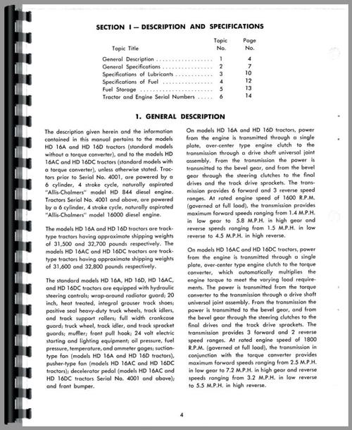 Service Manual for Allis Chalmers HD16A Crawler Sample Page From Manual