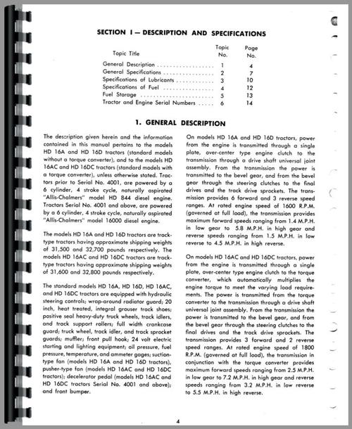 Service Manual for Allis Chalmers HD16DC Crawler Sample Page From Manual
