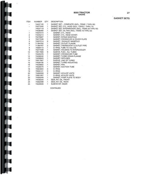 Parts Manual for Allis Chalmers 8050 Tractor Sample Page From Manual