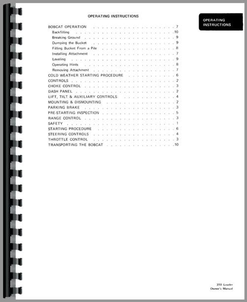 Operators Manual for Bobcat 310 Skid Steer Loader Sample Page From Manual
