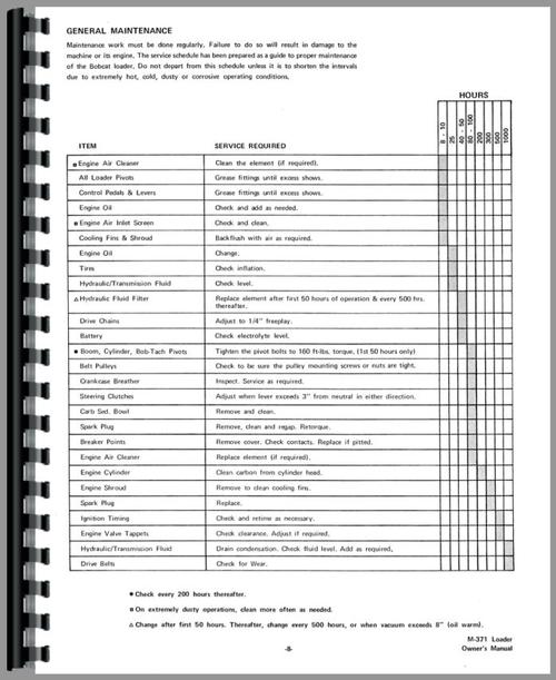 Operators Manual for Bobcat M-371 Skid Steer Loader Sample Page From Manual