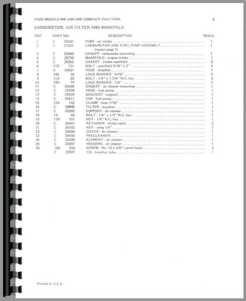 Parts Manual for Case 446 Lawn & Garden Tractor Sample Page From Manual