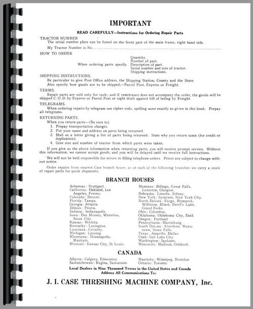 Parts Manual for Case A Tractor Sample Page From Manual