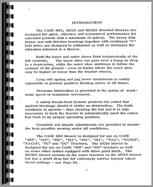 Operators Manual for Case M10 Sickle Bar Mower Sample Page From Manual