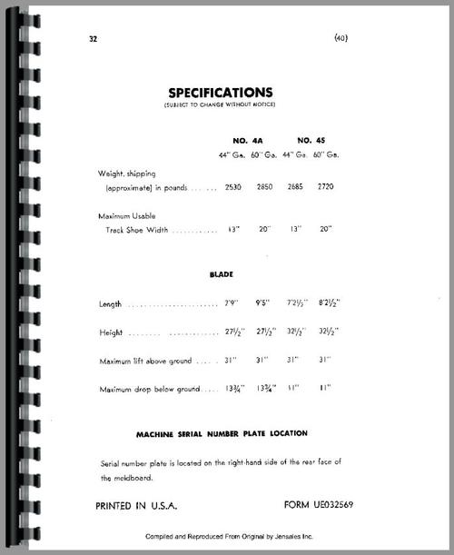 Parts Manual for Caterpillar 4A Bulldozer Attachment Sample Page From Manual