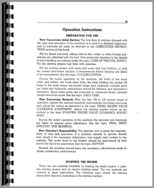 Operators Manual for Caterpillar 955 Traxcavator Sample Page From Manual