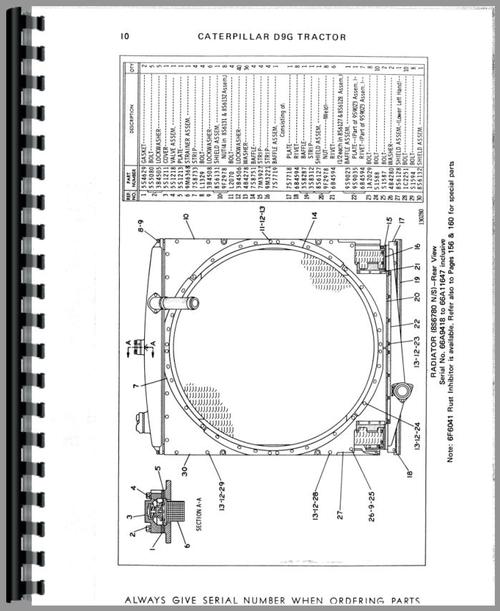 Parts Manual for Caterpillar D9G Crawler Sample Page From Manual