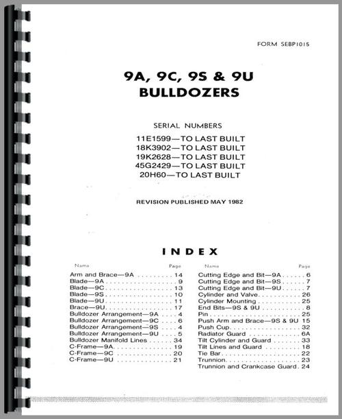 Parts Manual for Caterpillar D9H Crawler 9A Bulldozer Attachment Sample Page From Manual