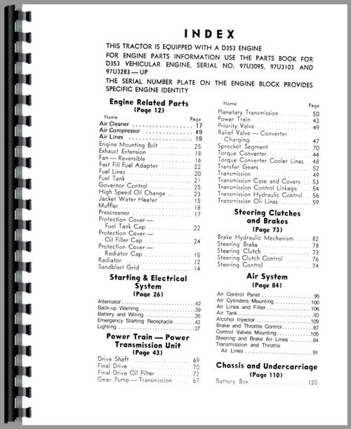 Parts Manual for Caterpillar D9H Crawler Sample Page From Manual