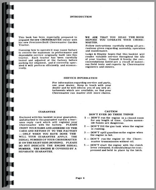 Operators Manual for Choremaster all Lawn & Garden Tractor Sample Page From Manual