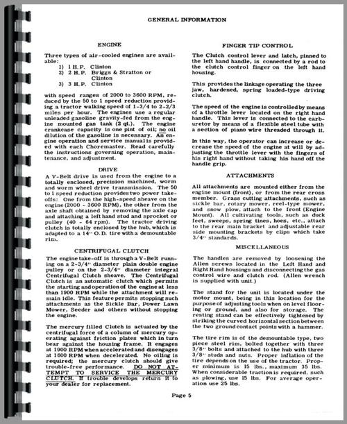 Operators Manual for Choremaster all Lawn & Garden Tractor Sample Page From Manual