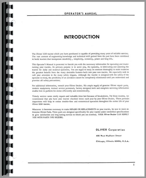 Operators Manual for Cockshutt 1250 Tractor Sample Page From Manual