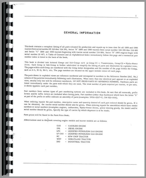 Parts Manual for Cockshutt 1800 Tractor Sample Page From Manual