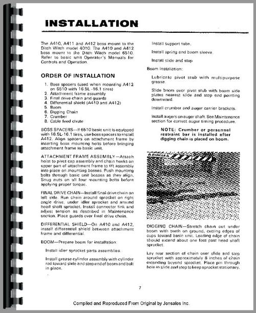 Operators Manual for Ditch Witch A400 Digging Attachment Sample Page From Manual