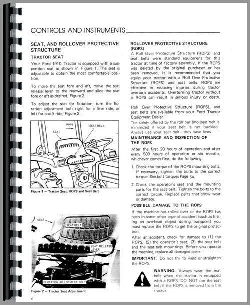 Operators Manual for Ford 1910 Tractor Sample Page From Manual