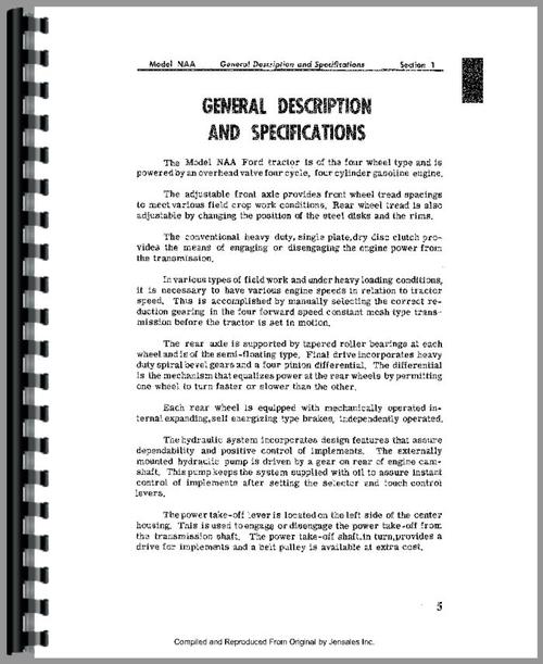 Operators Manual for Ford NAA Tractor Sample Page From Manual