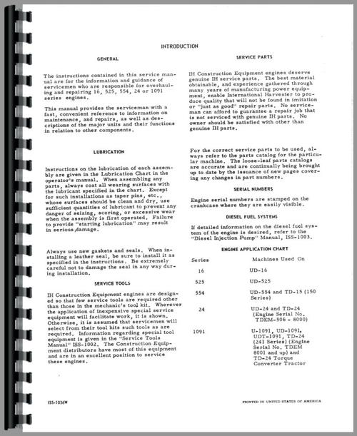 Service Manual for Galion 118 Grader IH Engine Sample Page From Manual