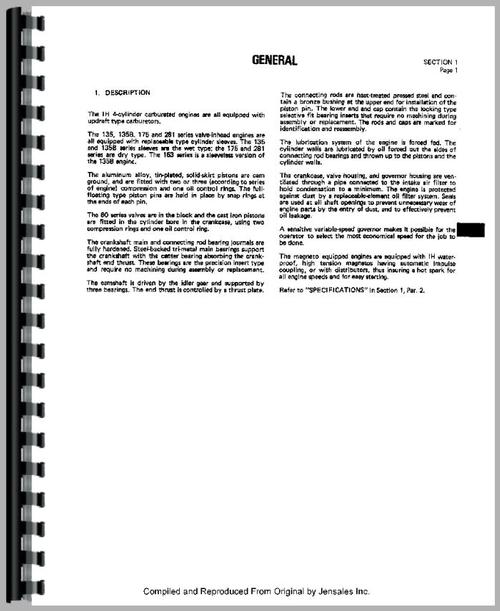 Service Manual for Galion 303 Grader IH Engine Sample Page From Manual