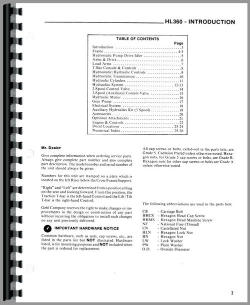 Parts Manual for Gehl HL360 Skid Steer Loader Sample Page From Manual