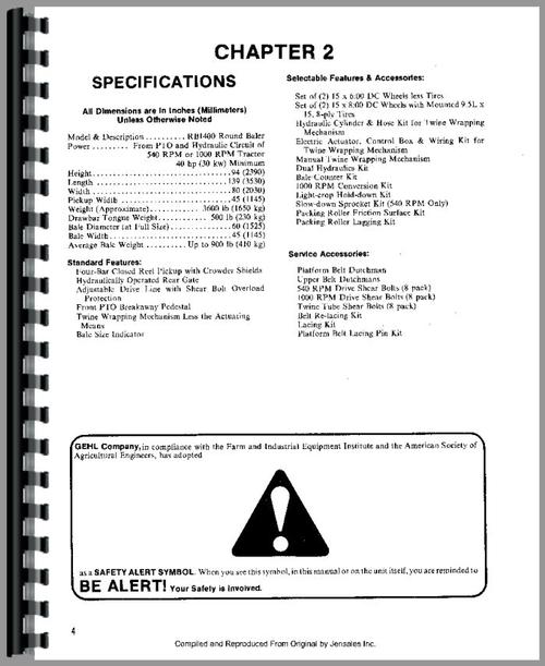 Operators Manual for Gehl RB1400 Baler Sample Page From Manual