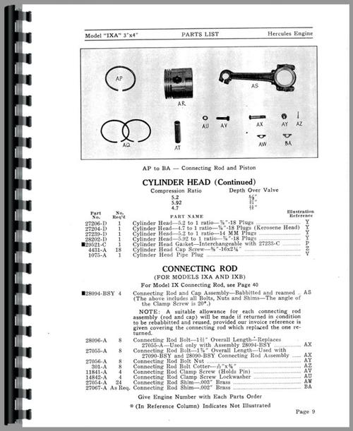 Parts Manual for Hercules Engines IX-5 Engine Sample Page From Manual