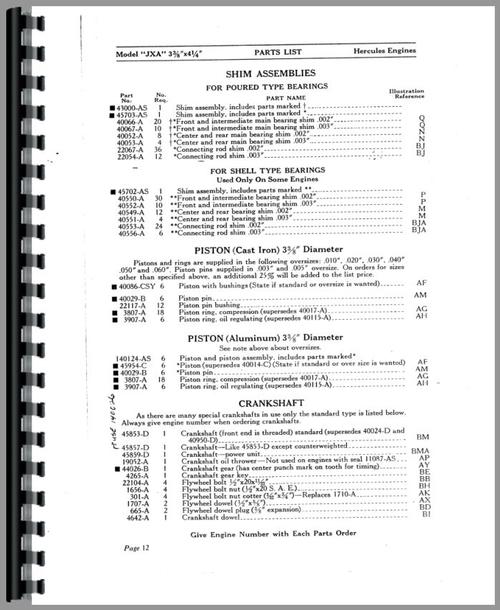 Parts Manual for Hercules Engines JXA Engine Sample Page From Manual