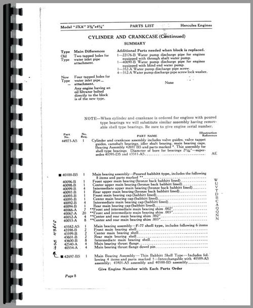 Parts Manual for Hercules Engines JXB Engine Sample Page From Manual
