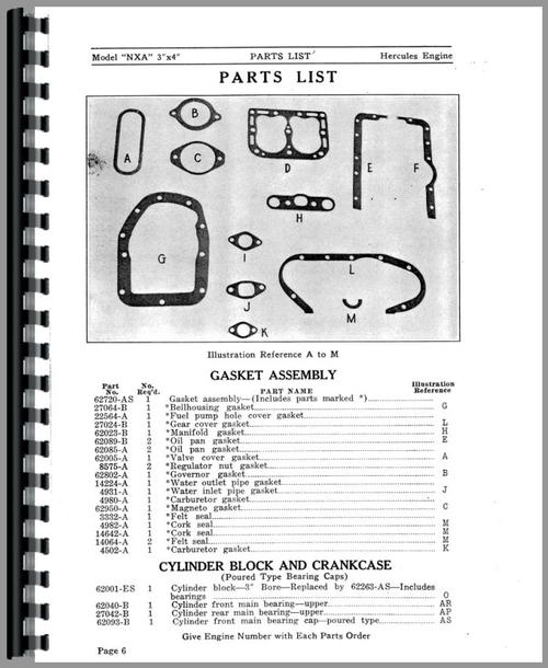 Parts Manual for Hercules Engines NXA Engine Sample Page From Manual