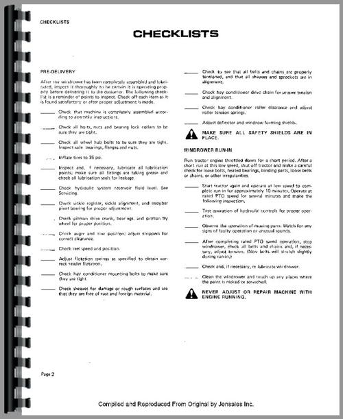 Operators Manual for Hesston 1014 Mower Conditioner Sample Page From Manual