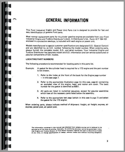 Parts Manual for Hesston 300 Windrower Ford Engine Sample Page From Manual