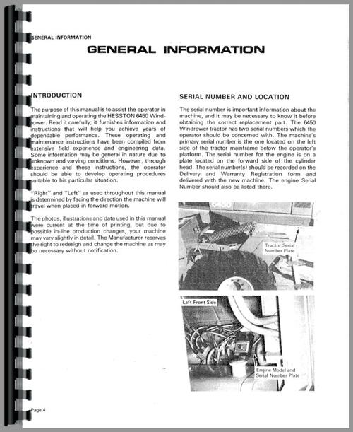 Operators Manual for Hesston 6450 Windrower Sample Page From Manual