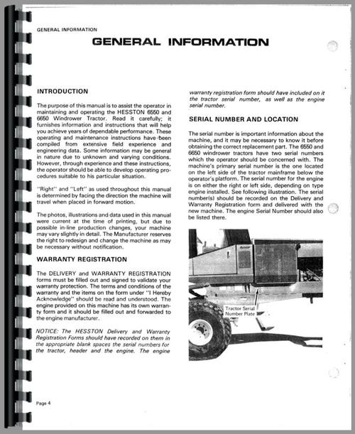 Operators Manual for Hesston 6550 Windrower Sample Page From Manual