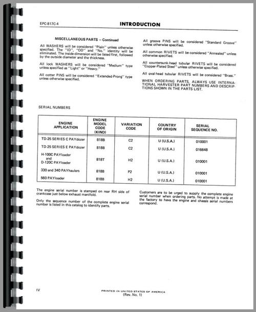 Parts Manual for Hough H-100C Pay Loader IH  C Series Engine Sample Page From Manual