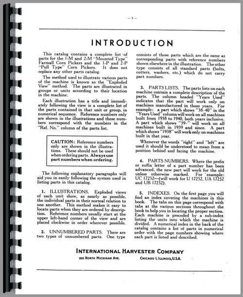 Parts Manual for International Harvester 1-M Corn Picker Sample Page From Manual