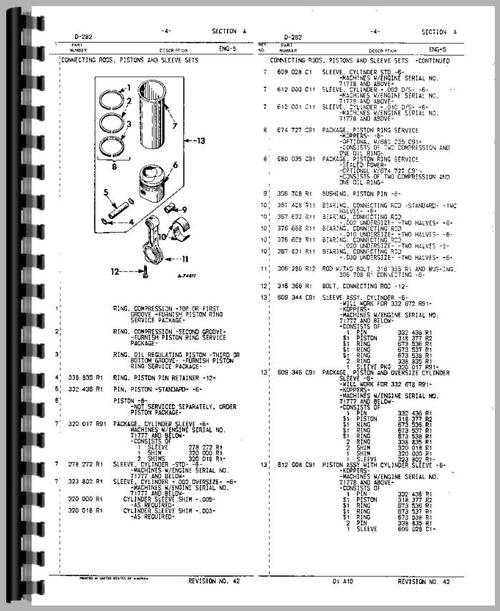 Parts Manual for International Harvester 100 Hydro Tractor Engine Sample Page From Manual